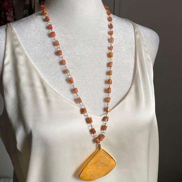 Handcrafted Azeztulite Stone Bead Necklace with Etched Pendant Centerpiece - Picture 5 of 5